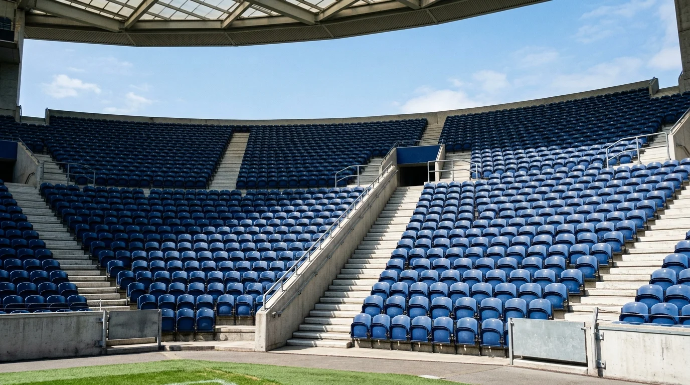 Tiered rows of empty dark blue stadium seats with a concrete stairway running up through them