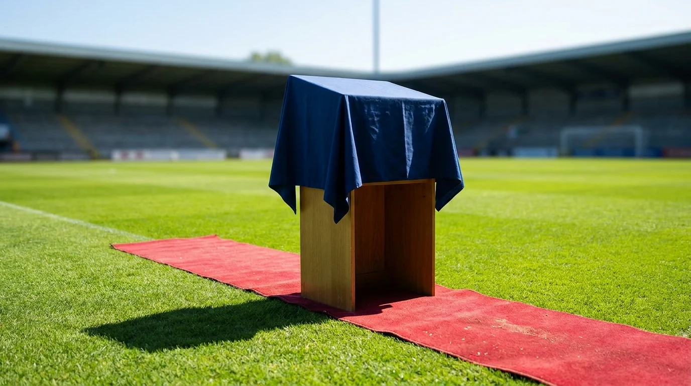 An empty blue-draped presentation podium on a strip of red carpet across a sunlit football pitch