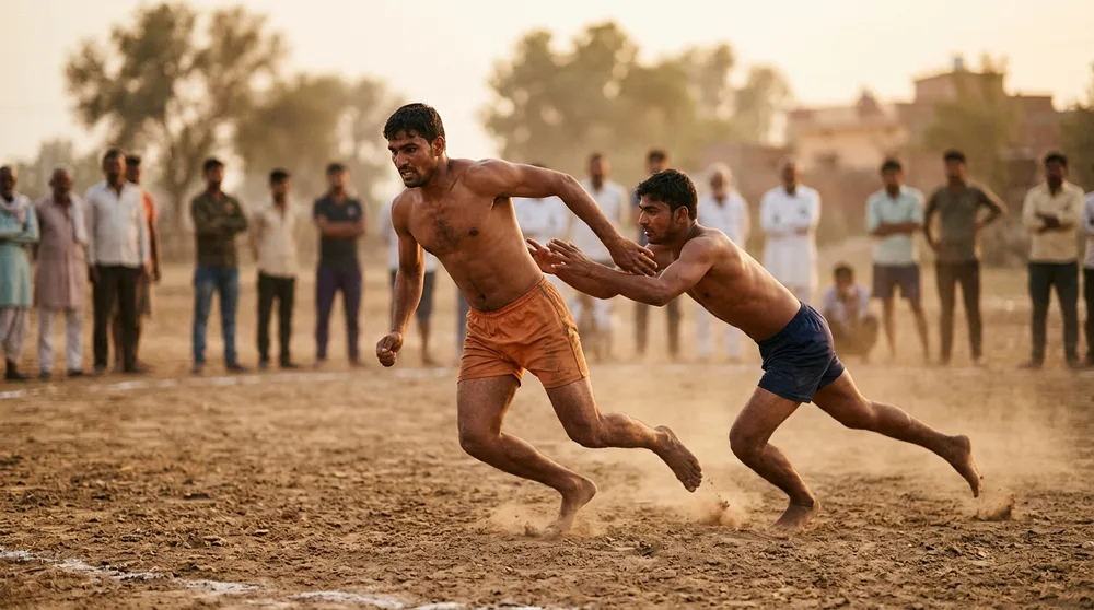 A raider being chased by a defender on a dusty open field during an outdoor circle-style kabaddi match