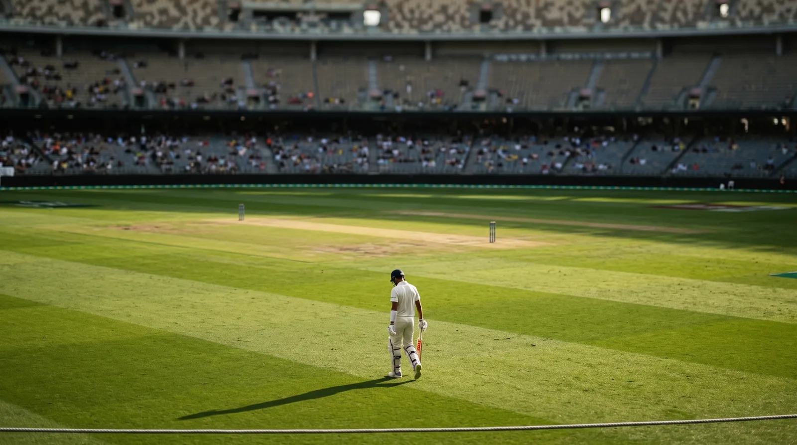 A batsman in whites walking back towards the boundary rope after being dismissed