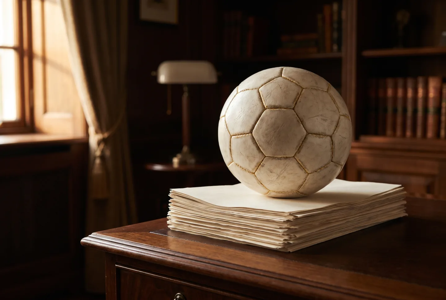 A football resting on a stack of plain paper documents on a wooden desk