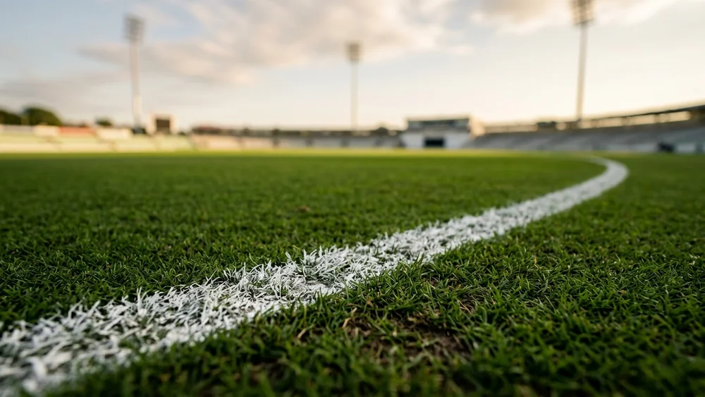 White 30-yard circle line painted on the grass of a cricket outfield