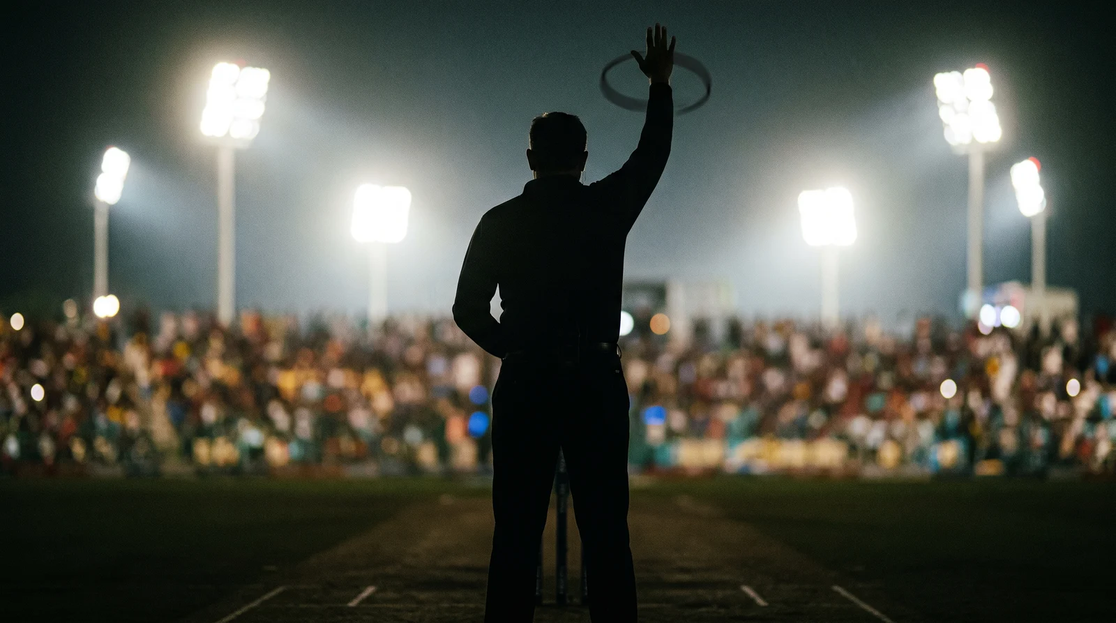 Cricket umpire rotating a raised arm above his head to signal a free hit
