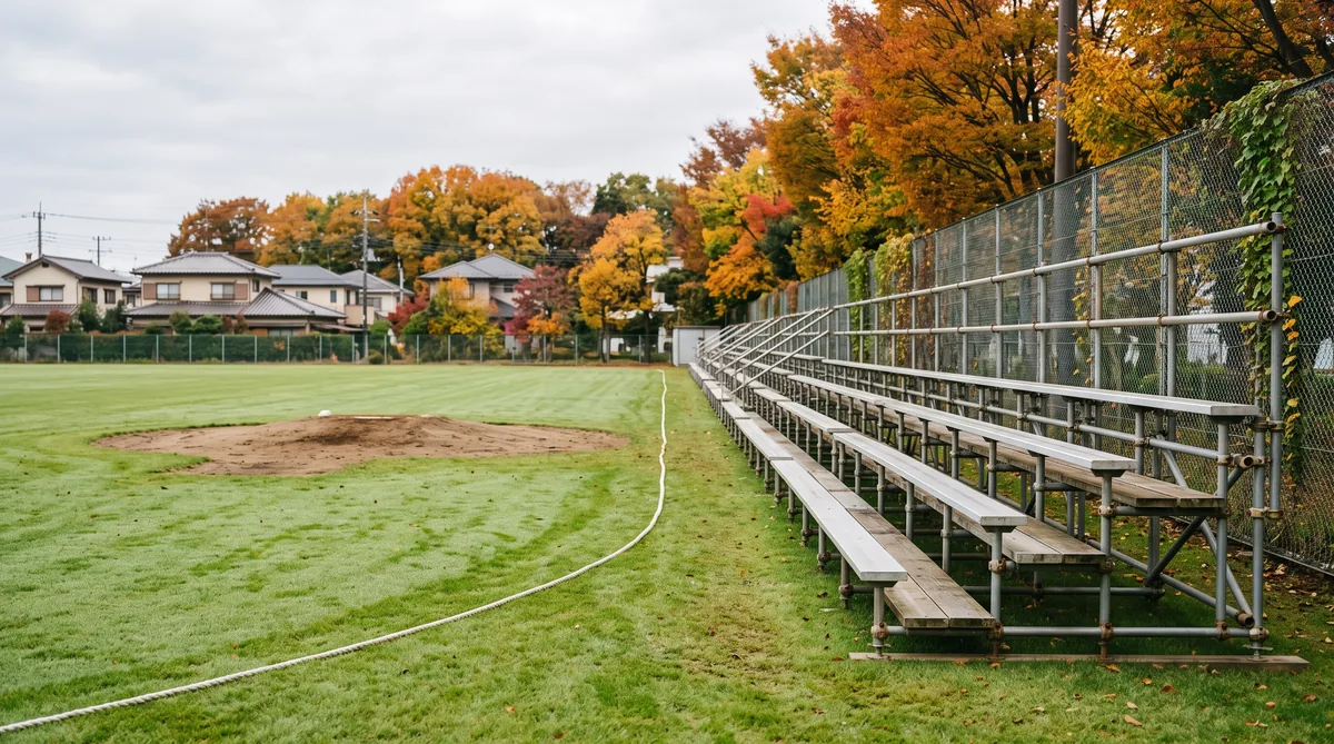 Empty temporary metal seating stand beside a grass outfield with a baseball pitchers mound, Korogi Athletic Park in Nisshin, Japan