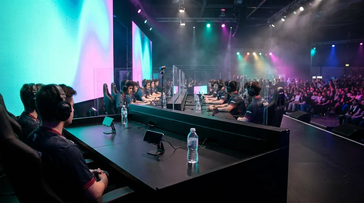 Players at desks with smartphones on stands during a mobile esports tournament final