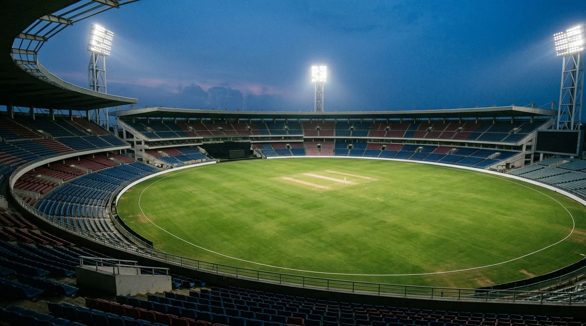 An empty floodlit cricket stadium at dusk, the kind of venue where 400-plus ODI totals are made
