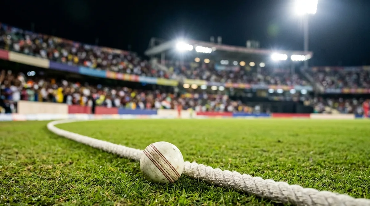 White cricket ball resting at the boundary rope in a floodlit stadium