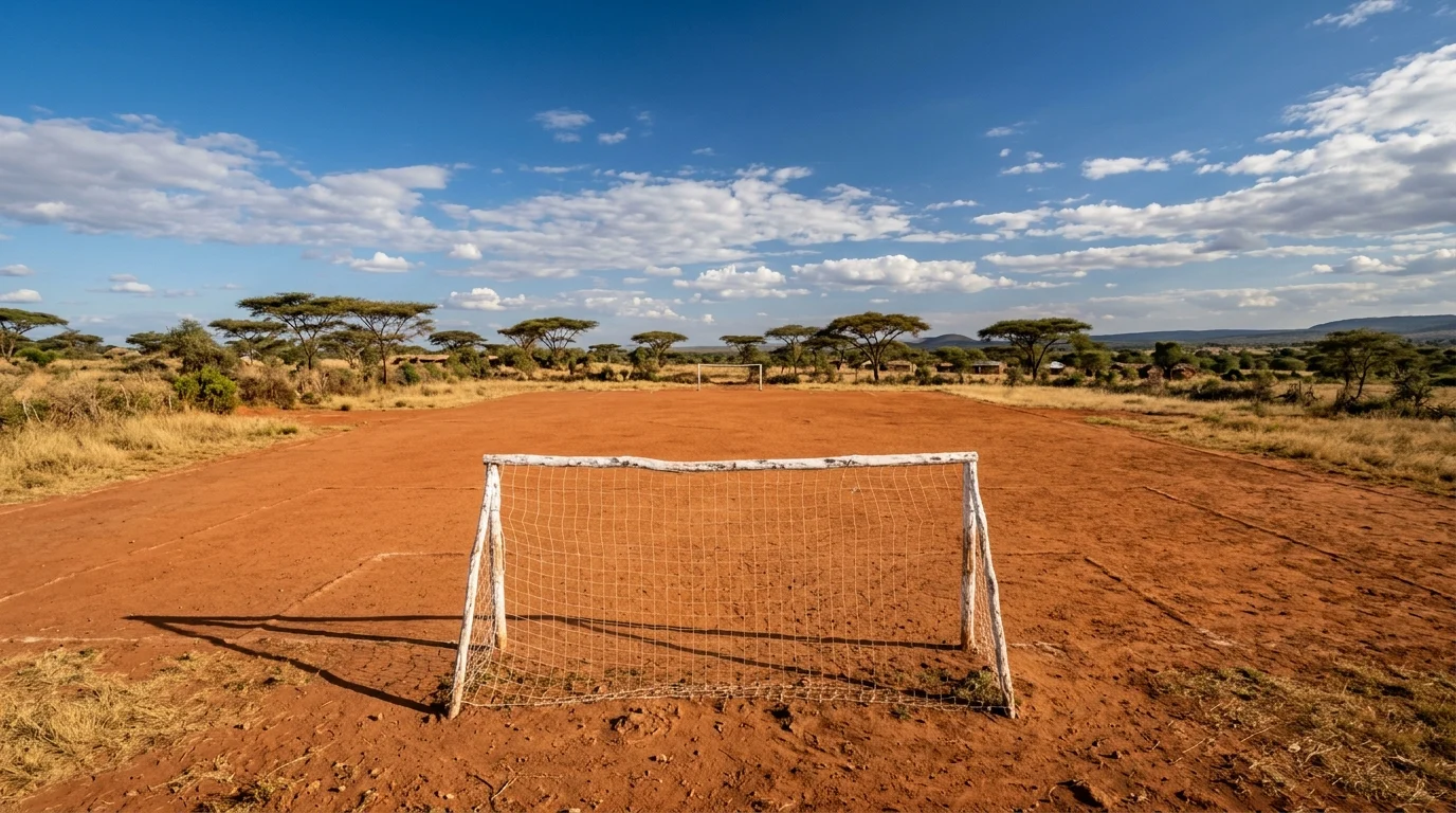 An empty red-earth football pitch with whitewashed wooden goalposts and acacia trees on the horizon