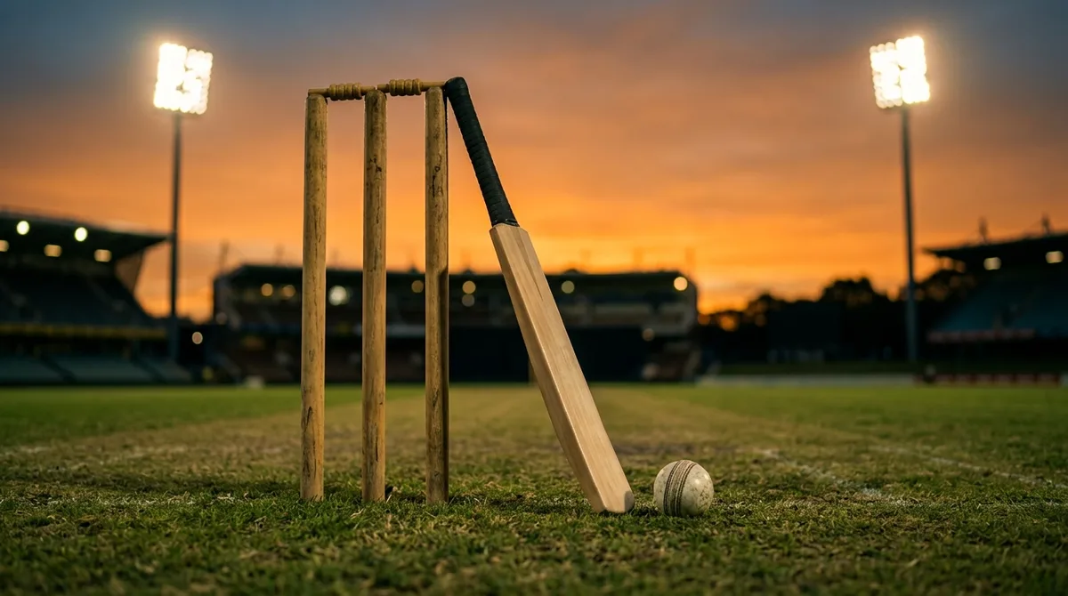 Cricket bat leaning on the stumps with a white ball under floodlights at dusk