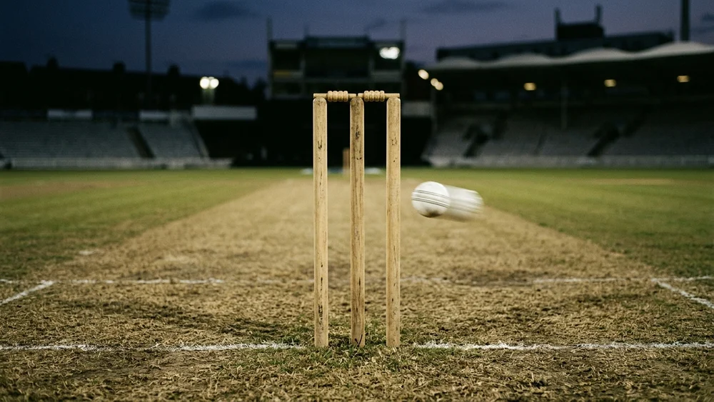 A cricket ball in mid-flight towards the stumps at a floodlit ground