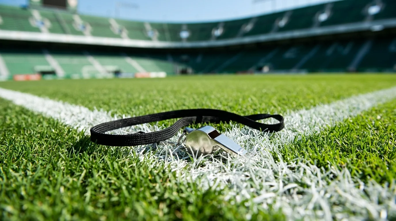 A referee's whistle on a black lanyard lying on the painted white line of a sunlit football pitch