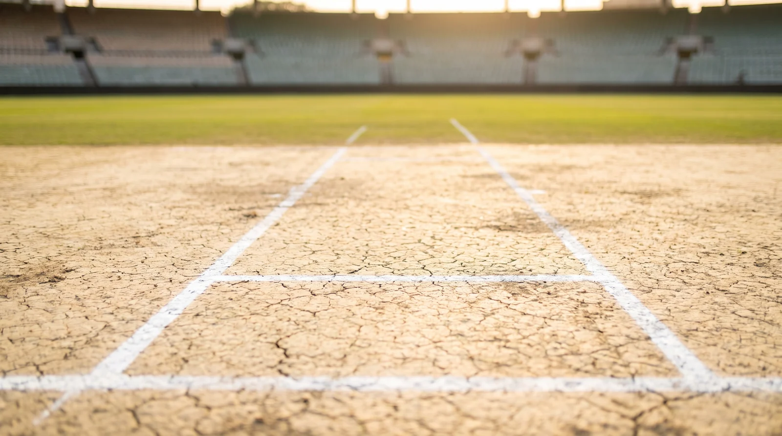 Crease markings and wide guideline lines on a dry cricket pitch