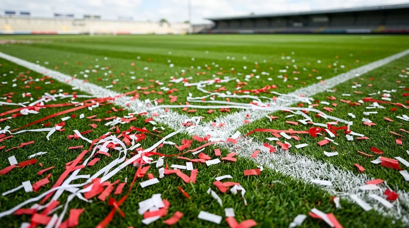 Red and white confetti scattered across an empty green football pitch after a trophy presentation