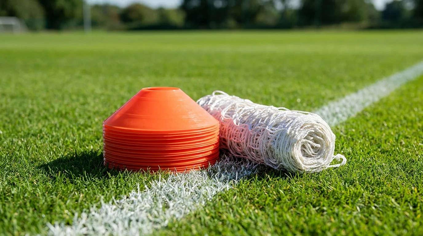 A stack of orange training cones and a rolled white net on the grass beside a white touchline