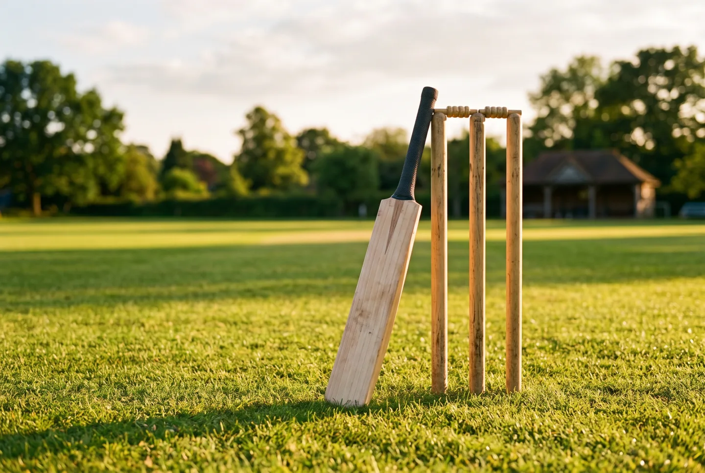 A cricket bat resting against wooden stumps on a sunlit grass outfield