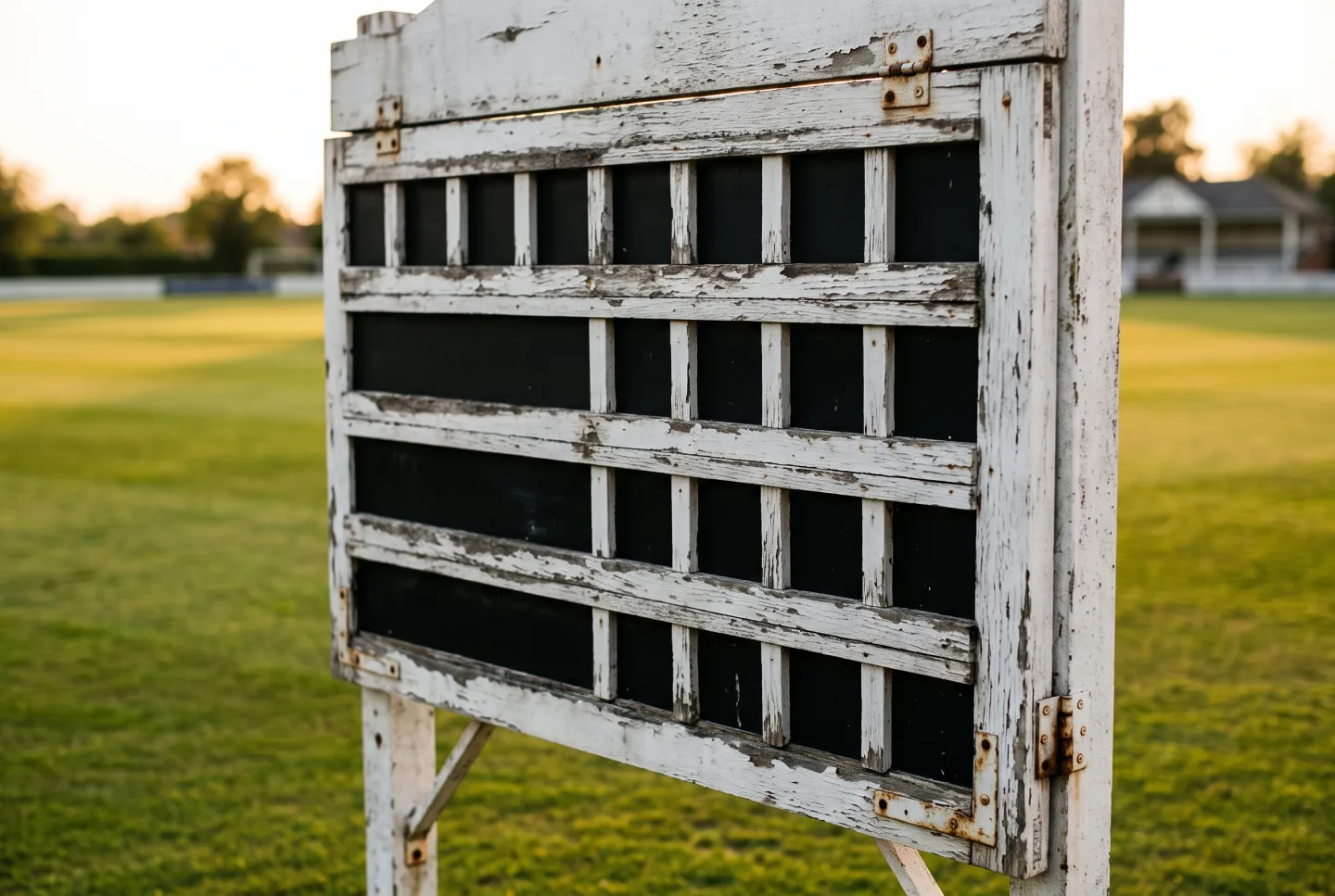 The empty slots of an old manual cricket scoreboard at a county ground