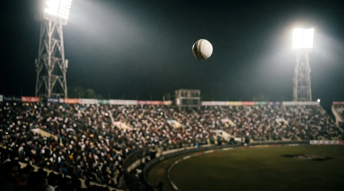 White cricket ball in flight above a packed stand at a floodlit T20 match