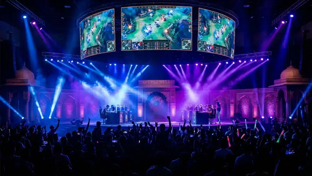 Esports arena tournament stage with dramatic lighting