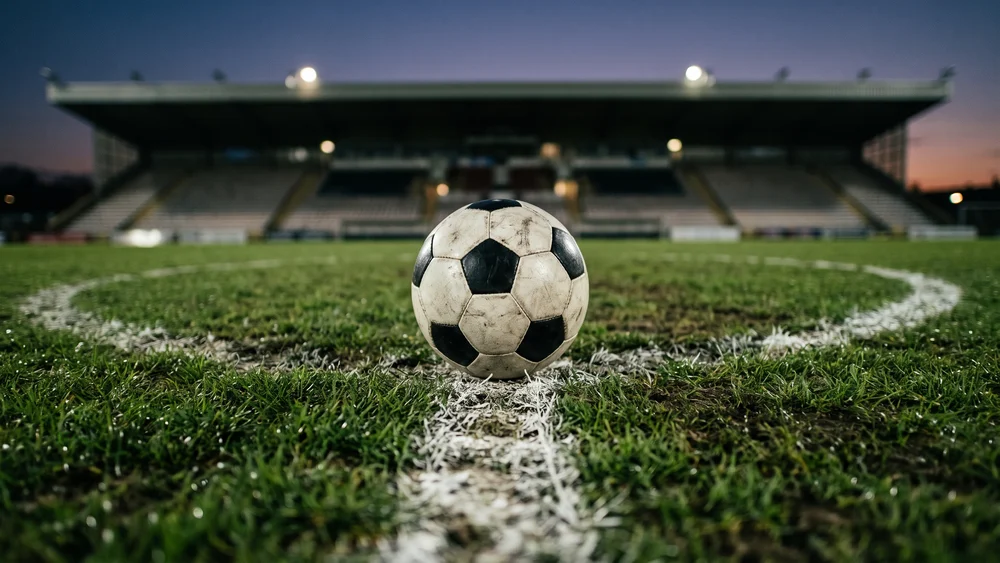 A worn football resting on the centre circle line of a grass pitch in front of an empty floodlit stand at dusk