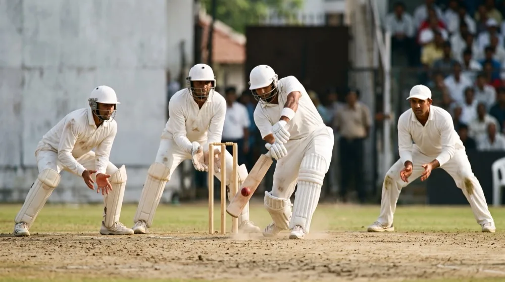 A batsman defending forward against spin on a dusty pitch with a wicketkeeper standing up to the stumps and two close catching fielders crouched around the bat