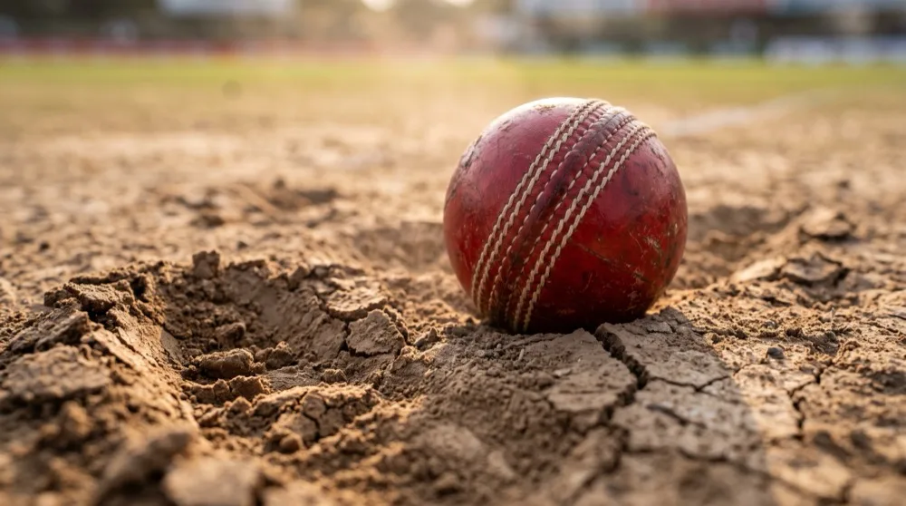 A red leather cricket ball with a white seam resting in the dry cracked rough of a worn cricket pitch, with a deep bowler's footmark alongside