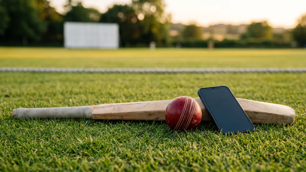 A cricket bat, a red leather ball and a smartphone with a dark screen lying on the outfield grass