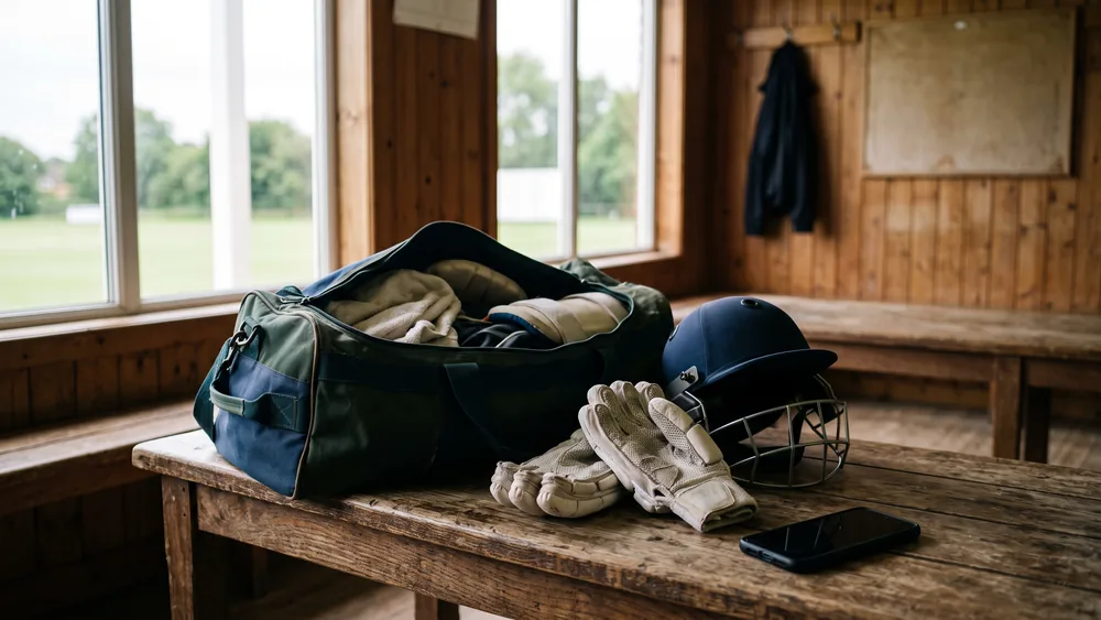 An open cricket kit bag, batting gloves, a helmet and a smartphone on a pavilion bench