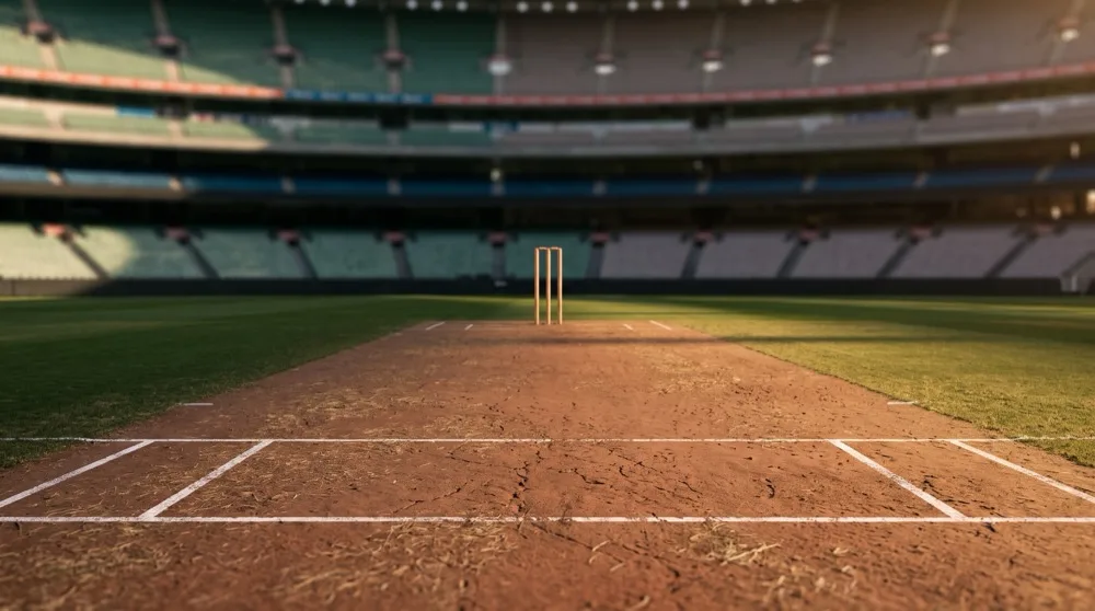 A red soil cricket pitch photographed from ground level inside a large empty stadium, with crisp white crease markings and three stumps at the far end