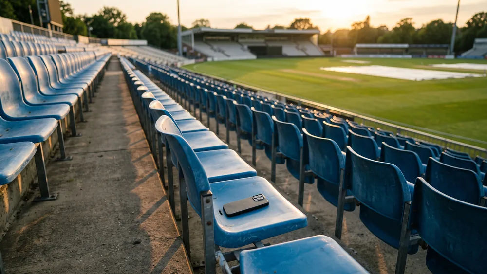 A row of empty blue stadium seats at a cricket ground with a smartphone resting on one of them