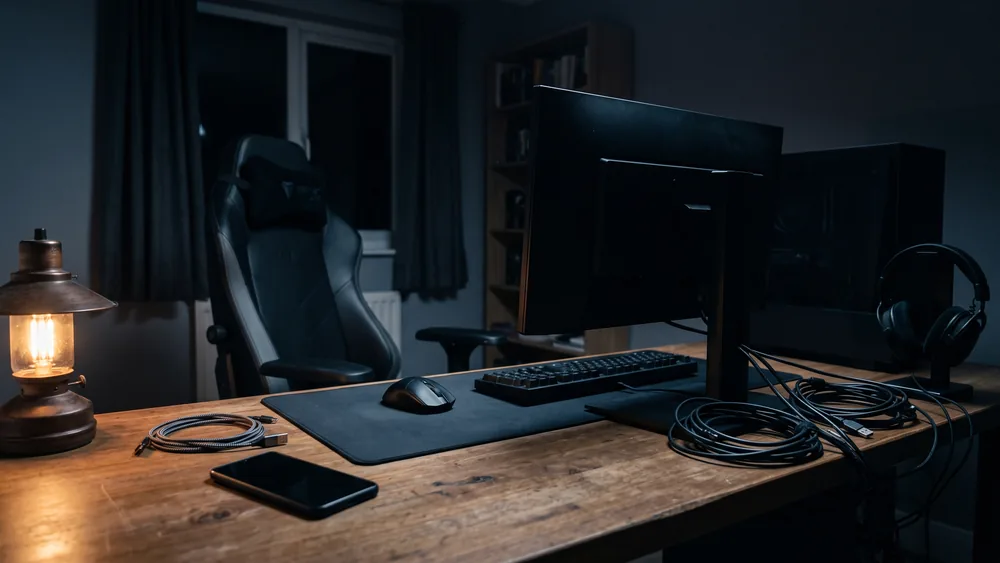 An empty gaming desk at night with a dark phone, an unused chair and a switched-off monitor