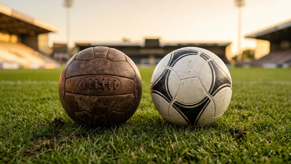 A weathered vintage laced leather football beside a modern white and black match ball on stadium grass