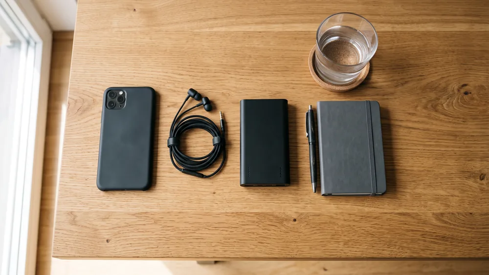 Overhead view of a smartphone, wired earbuds, a power bank and a notebook laid out on a wooden desk