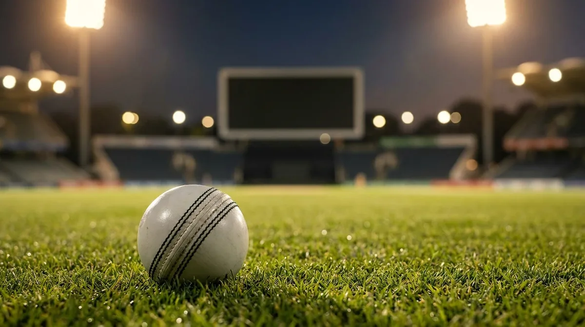 White ODI cricket ball on the outfield under floodlights