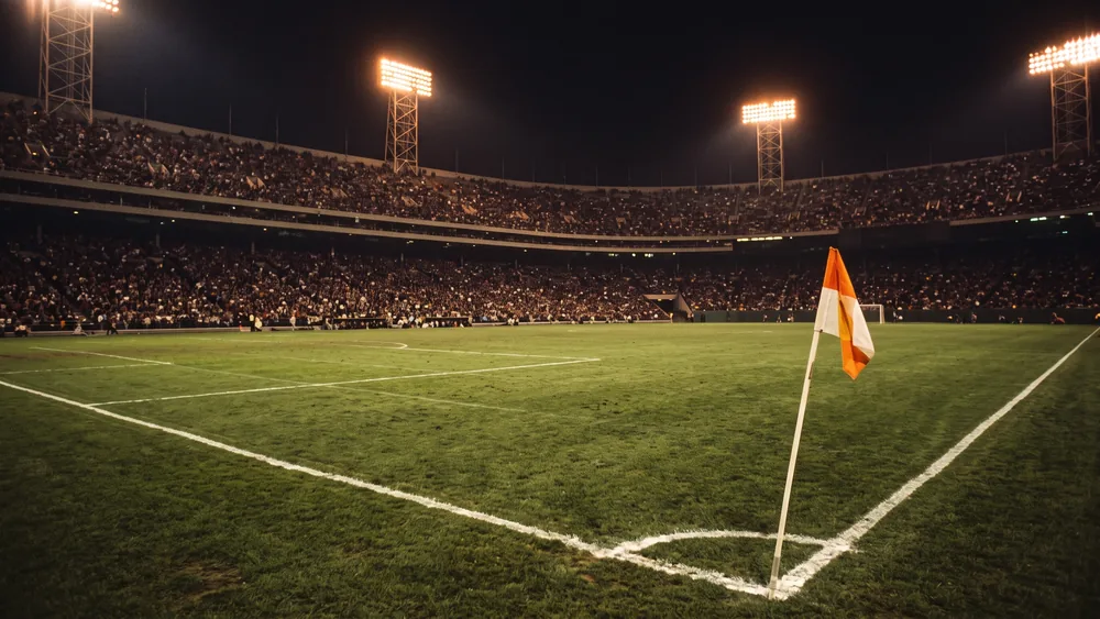 A packed multi-purpose American stadium at night during the North American Soccer League era