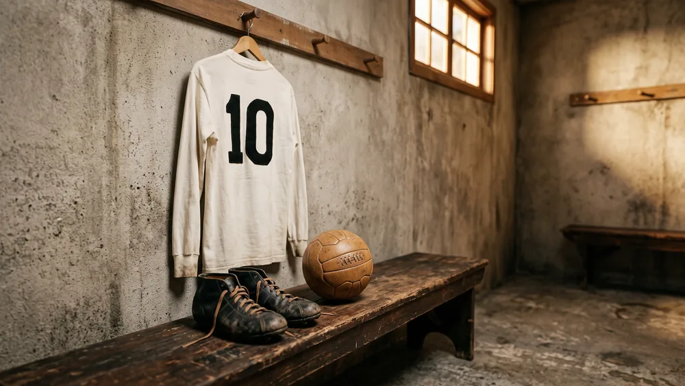 A white number 10 football shirt, black leather boots and a lace-up leather ball in an old club dressing room