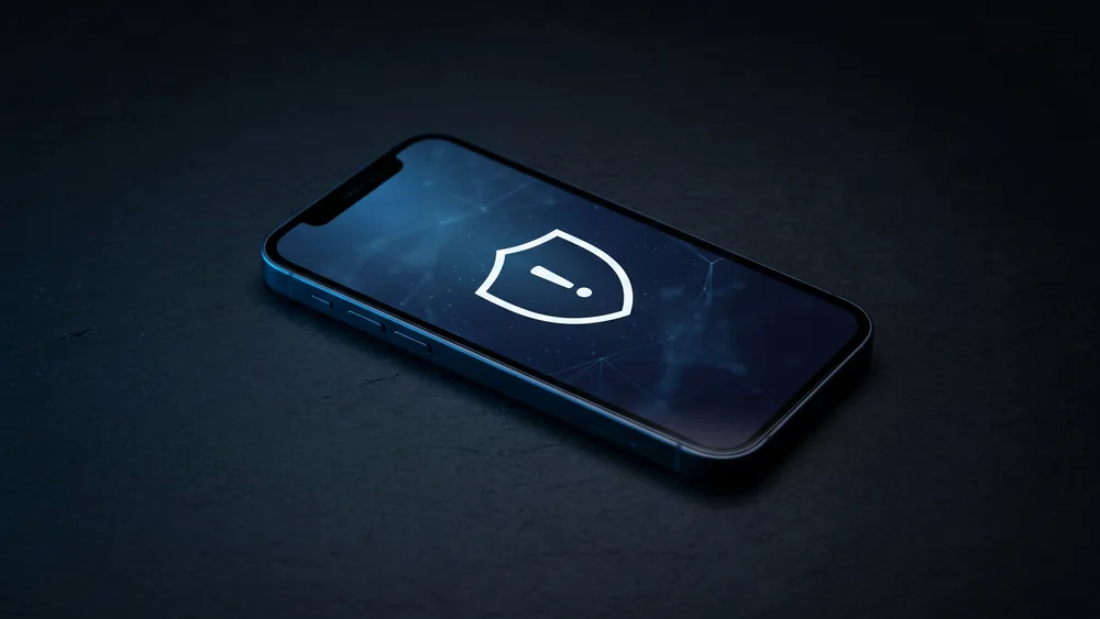 A smartphone on a dark surface showing a blue security warning shield on its screen