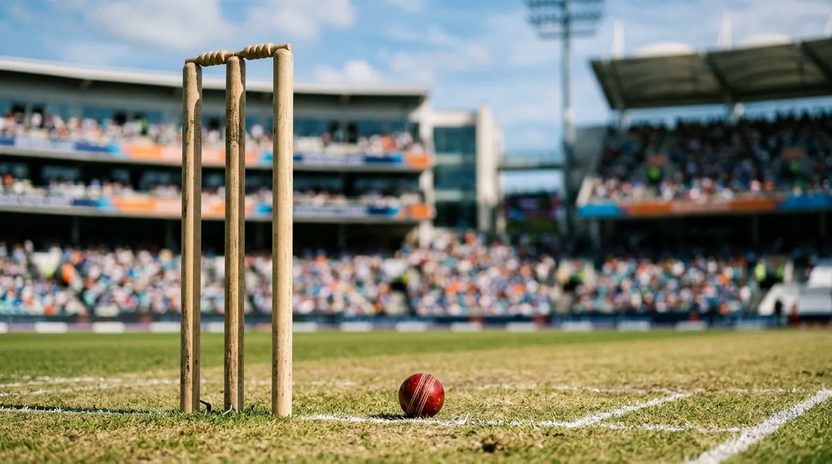 Cricket stumps and a red ball on the pitch at a full stadium