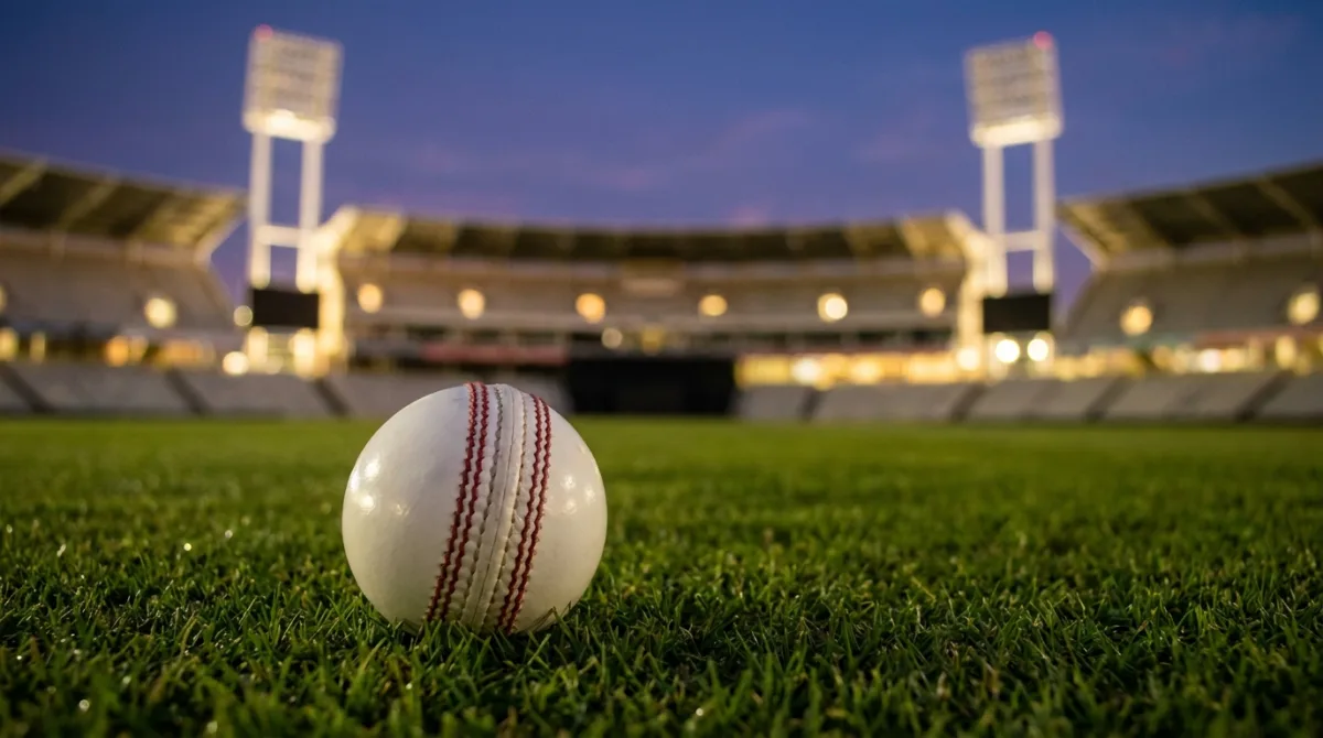 A white cricket ball on the outfield grass of a floodlit stadium at dusk