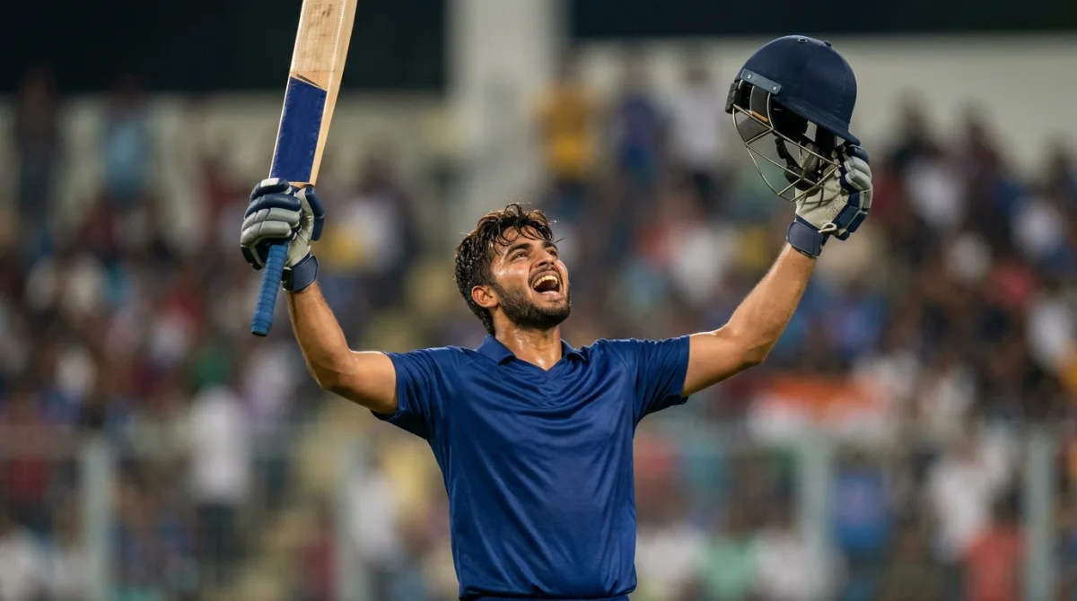 A young cricketer raises his bat and helmet in celebration under floodlights