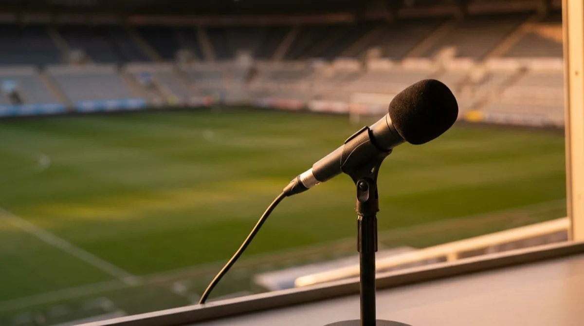 A broadcast microphone on a stand in an empty stadium commentary position overlooking a football pitch at dusk