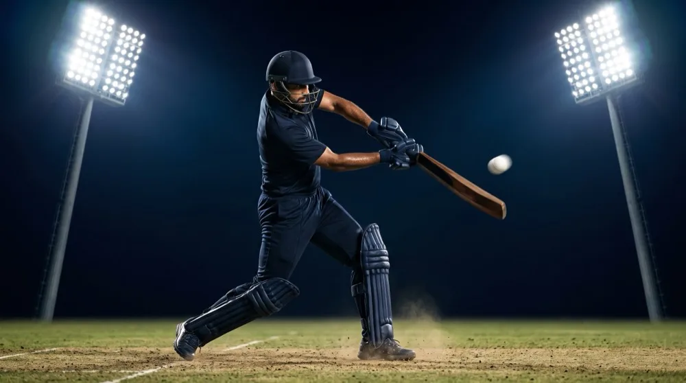 A batsman in a dark kit swings through a shot against a white ball under floodlights at a cricket ground at night