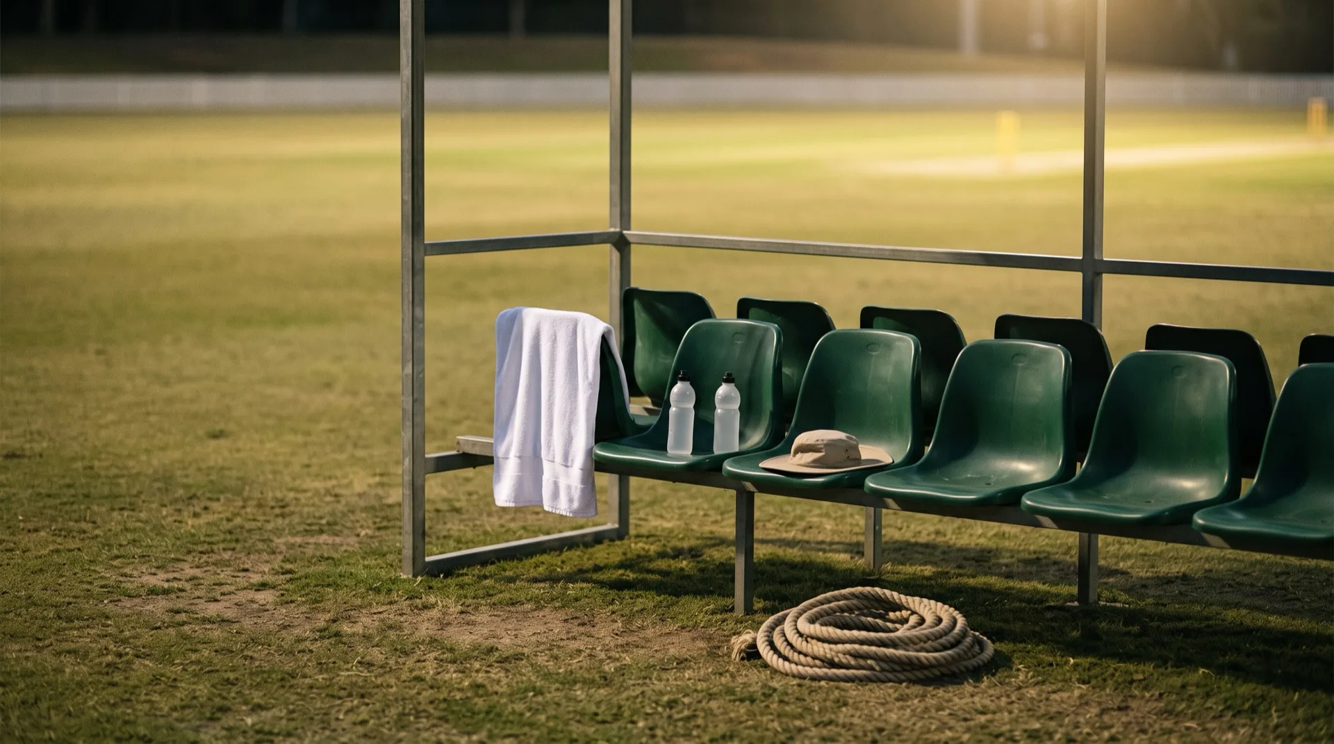 An empty cricket team dugout beside a boundary with a towel, water bottles and a coiled boundary rope