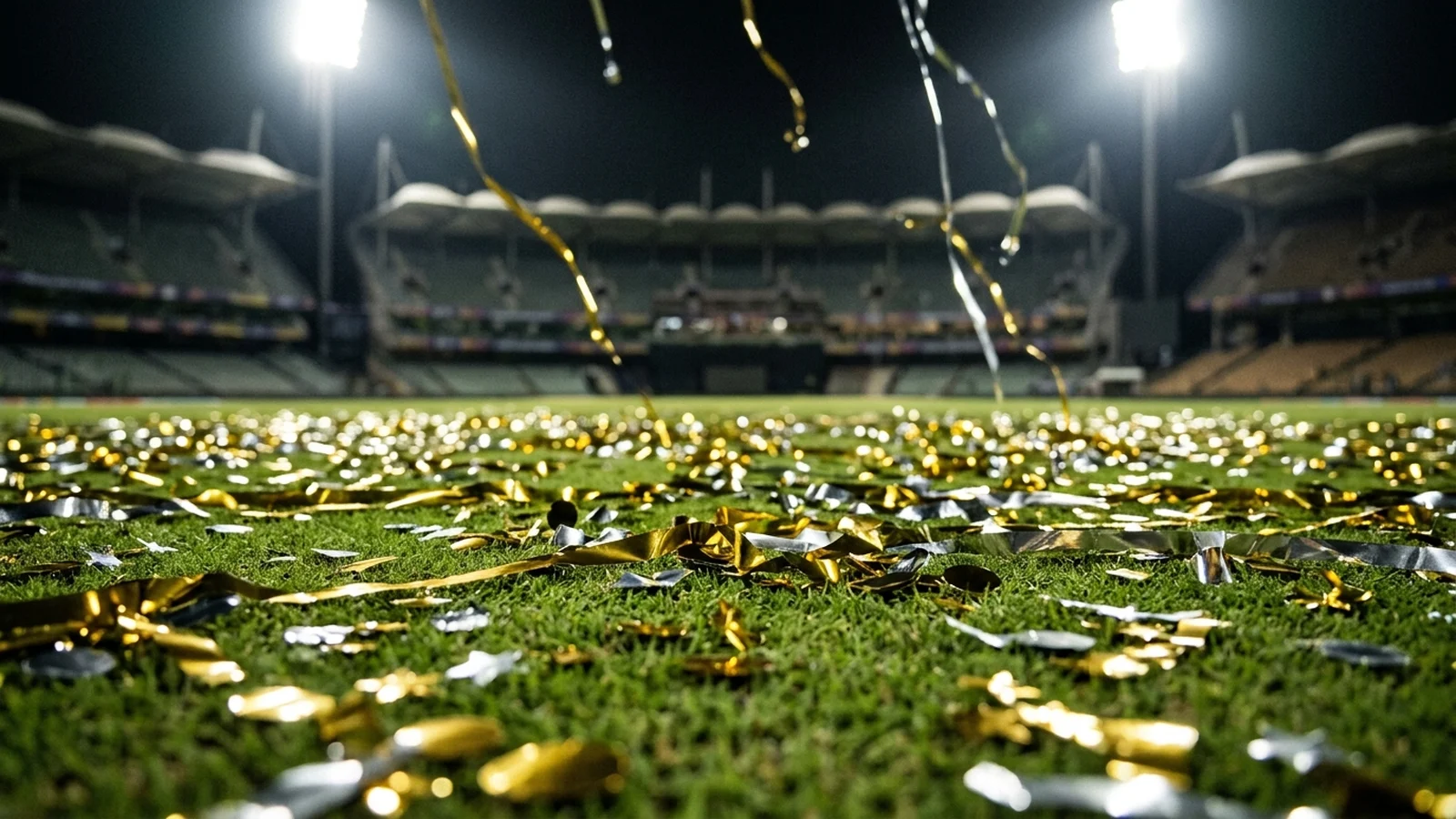 Gold and silver confetti scattered across a floodlit cricket outfield at night