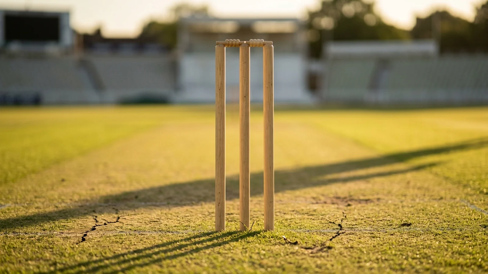 Three intact cricket stumps with the bails on, casting long shadows across a sunlit pitch