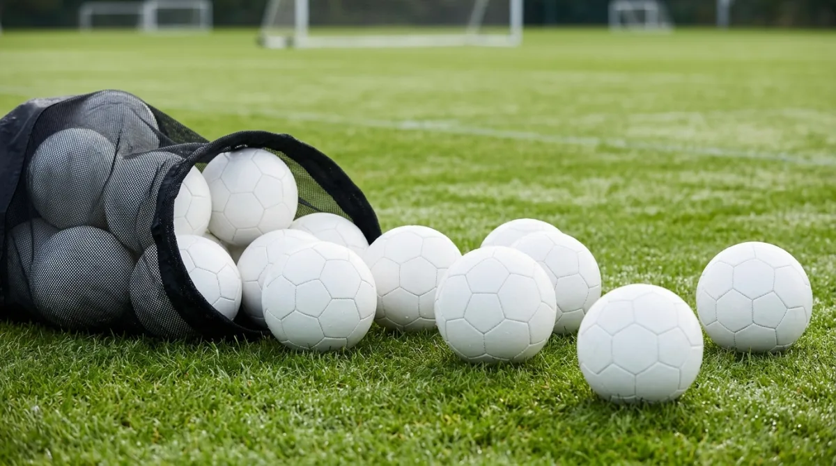 A mesh ball bag spilling white footballs across the grass on the touchline