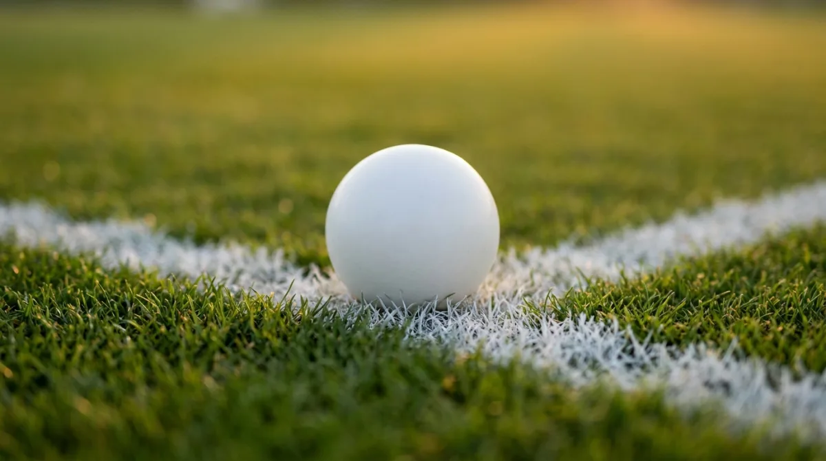 A white football resting on a painted white line, photographed at grass level