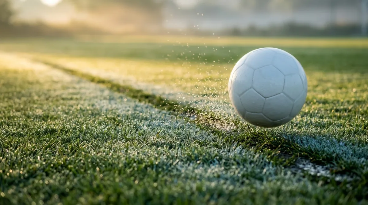 A white football rolling across dew-covered grass at sunrise, leaving a track behind it