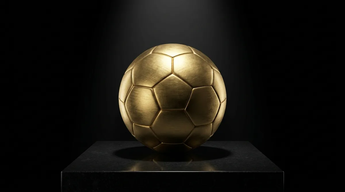A gold-coloured football on a black plinth lit by a single spotlight