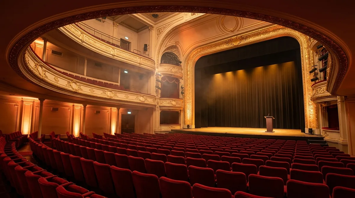 An empty theatre auditorium with red seats facing a lit stage set for an awards ceremony