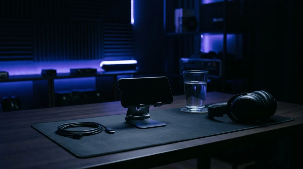 A phone in a stand on a dark desk with headphones and a charging cable under purple LED light
